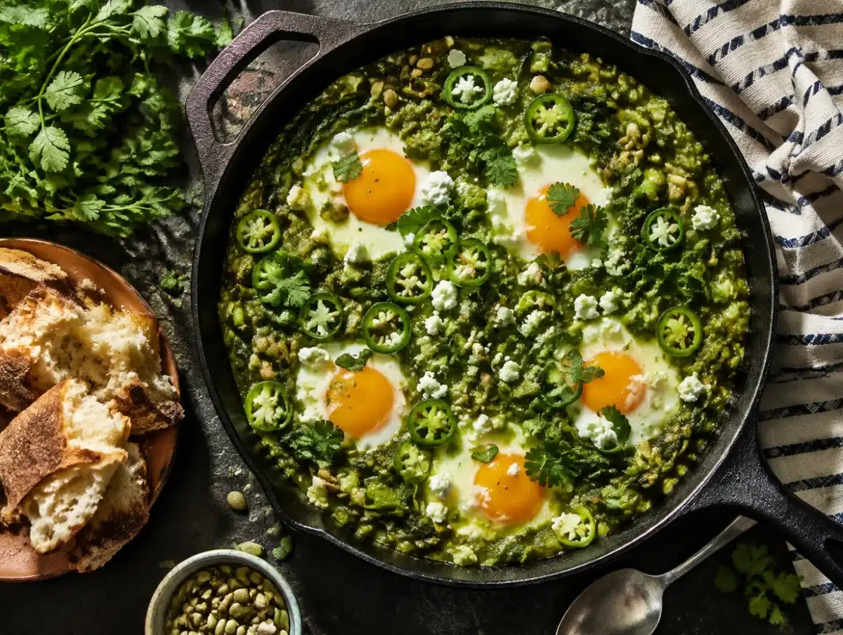 Green shakshuka verde in a skillet with poached eggs, feta, cilantro and jalapeno