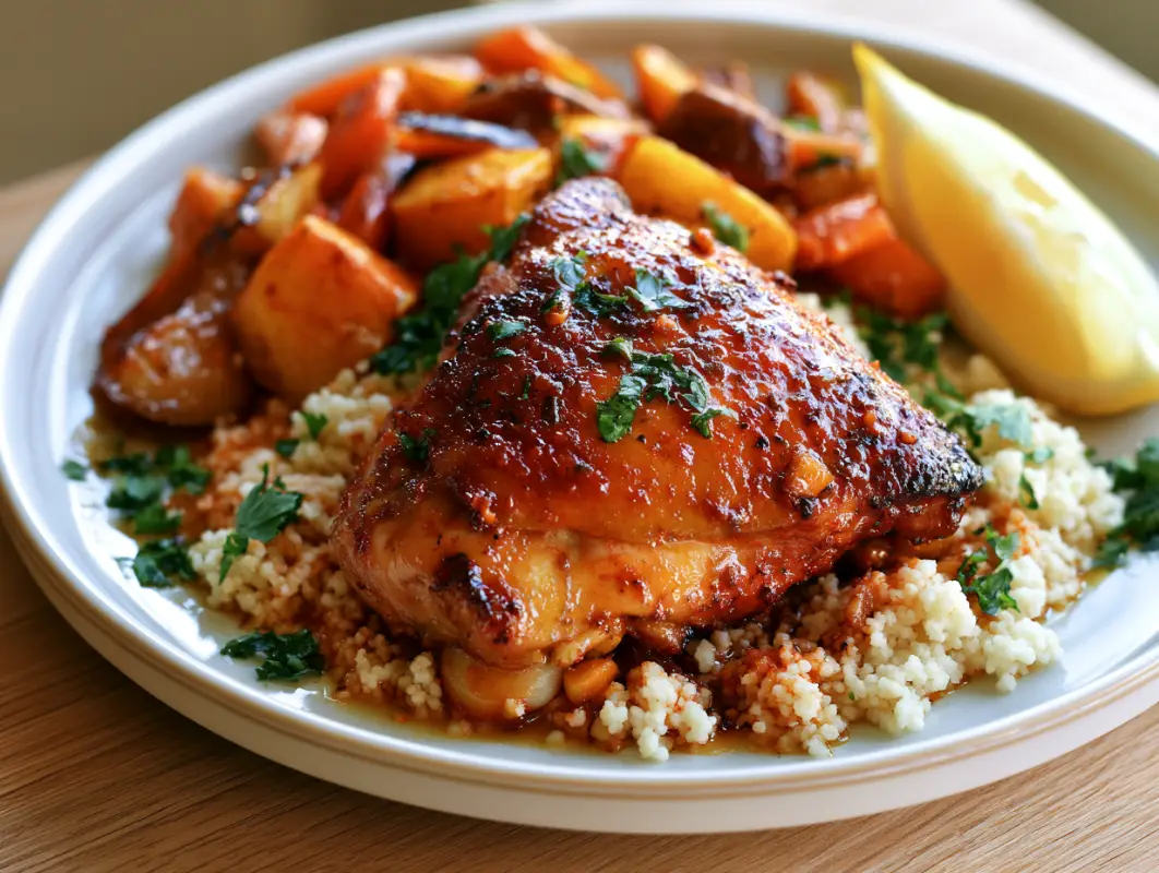 Harissa Honey Chicken with Roasted Vegetables (65 Min) 1 Glazed harissa honey chicken thigh served over couscous with roasted root vegetables and lemon