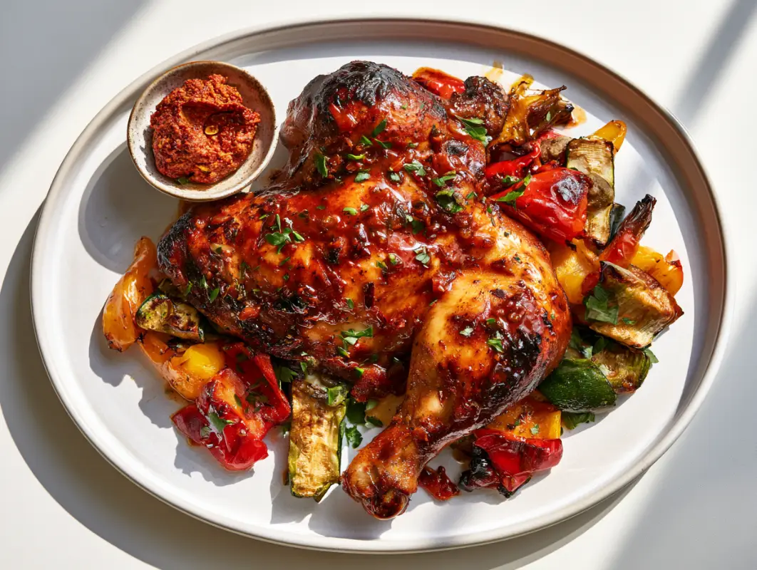 Whole roast chicken with harissa honey glaze surrounded by roasted peppers and zucchini