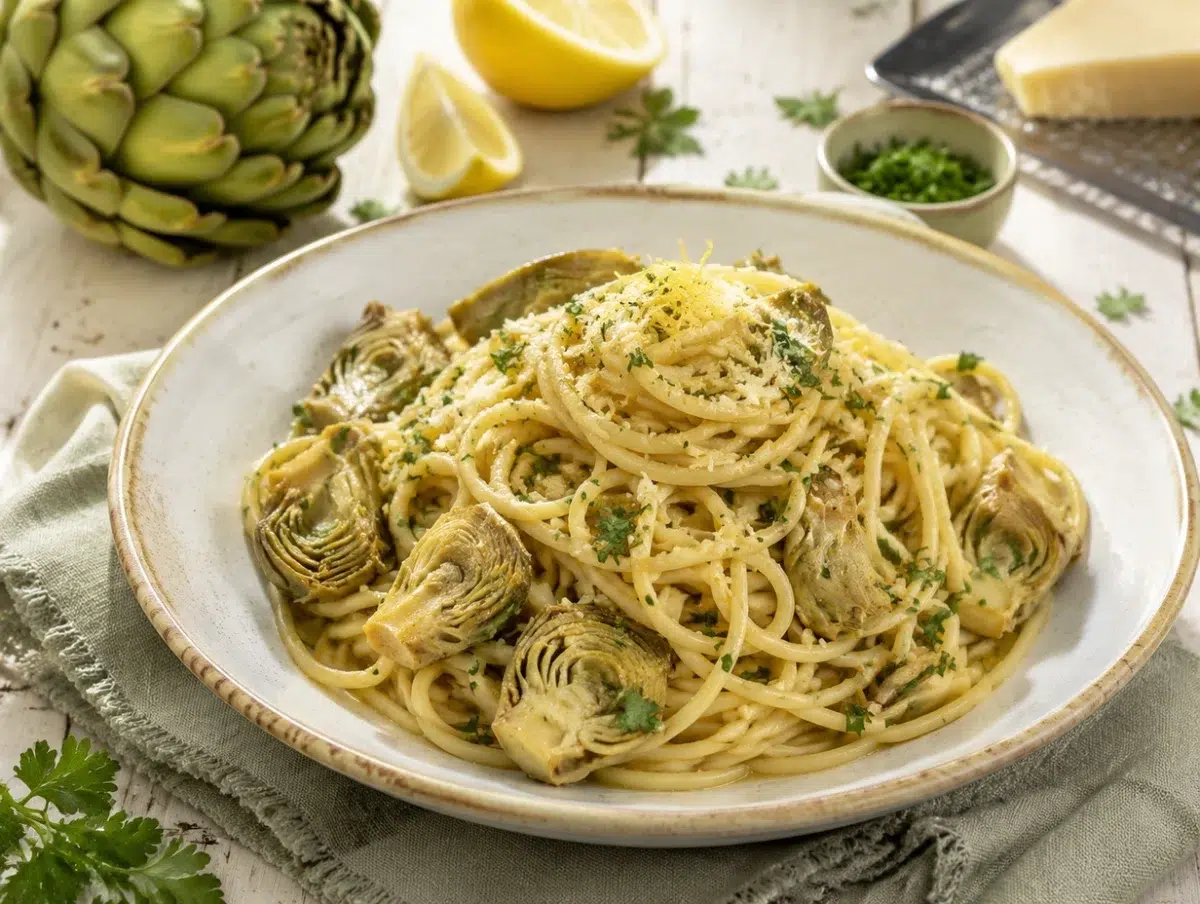 Spring artichoke and lemon pasta with braised artichoke hearts, parsley and parmesan
