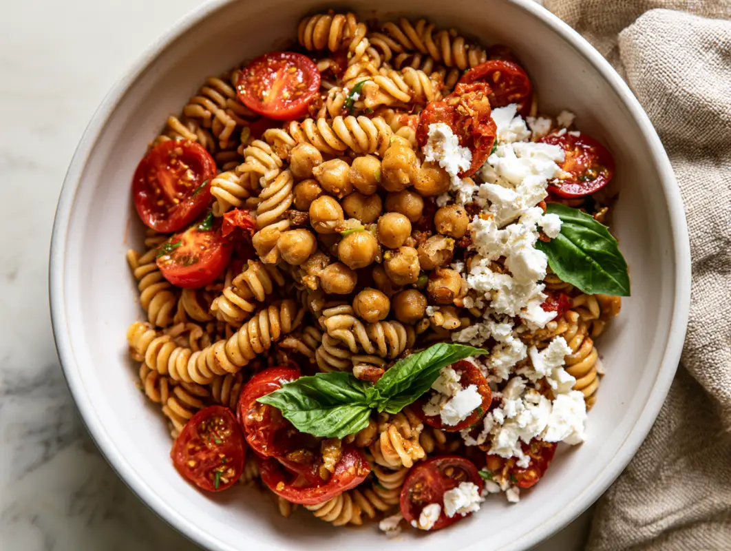 Bowl of chickpea pasta with fusilli, roasted cherry tomatoes, crumbled feta and fresh basil