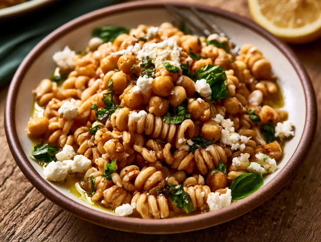 Bowl of chickpea pasta with spinach, crumbled feta and olive oil on a wooden table