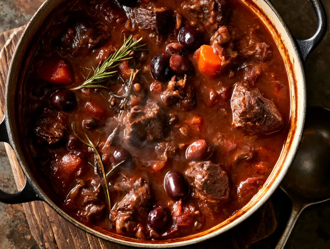 One-Pot Mediterranean Beef Stew (Serves 6) 1 Pot of Mediterranean beef stew with tender beef, olives, tomatoes and fresh rosemary