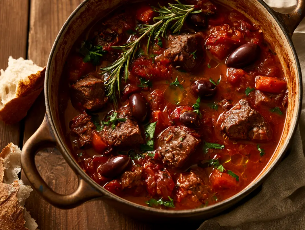 Dutch oven of Mediterranean beef stew with olives and rosemary, served with crusty bread