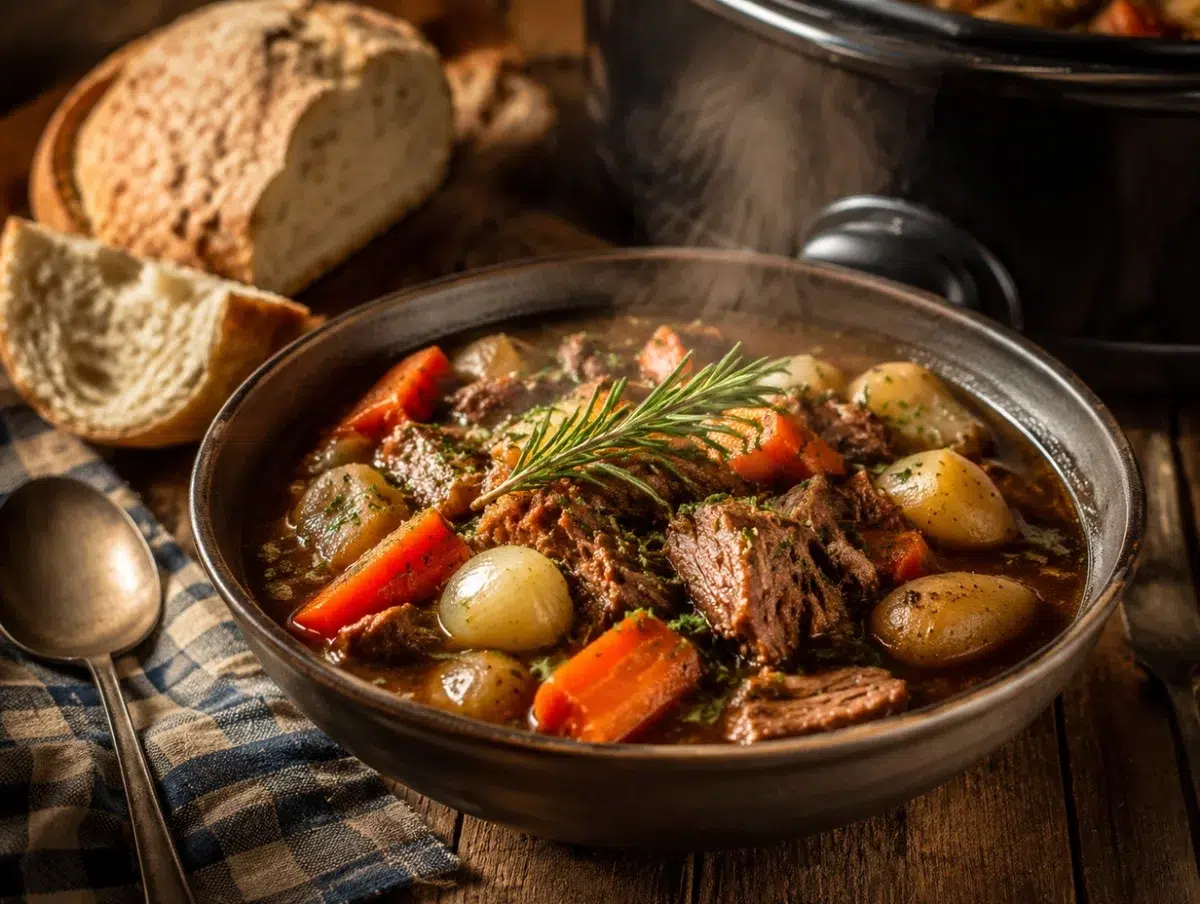 Slow cooker lamb stew with tender lamb, carrots, potatoes and rich herb broth in a bowl