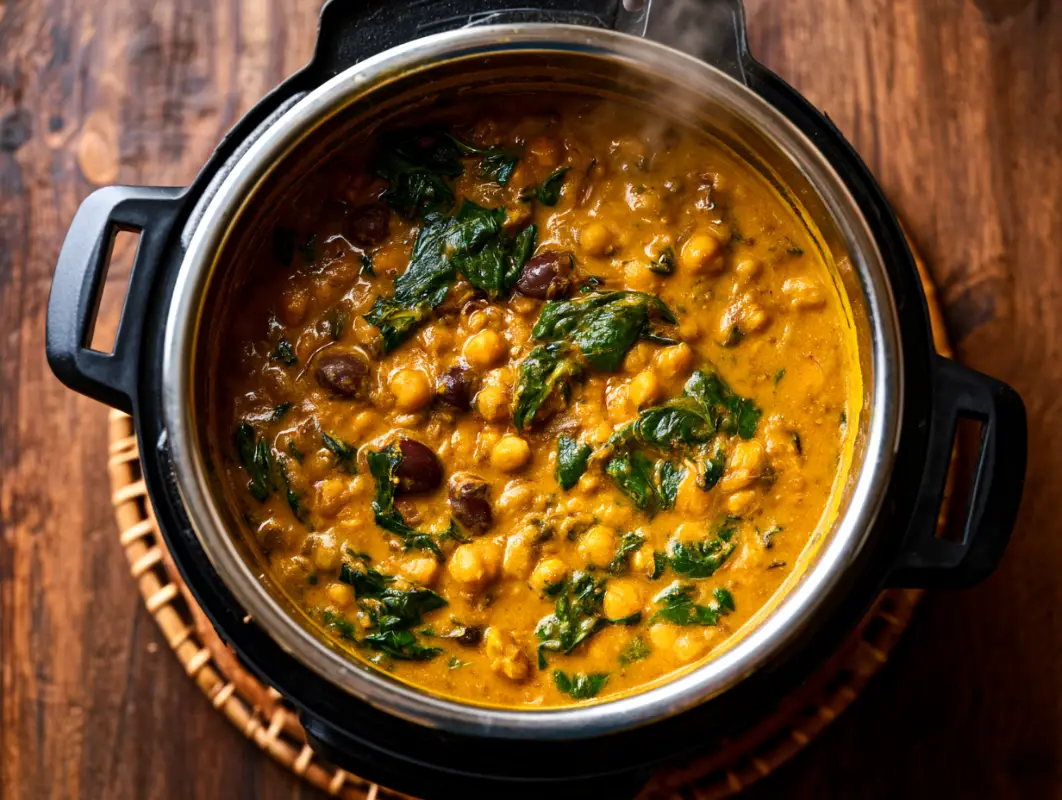 Instant Pot Mediterranean Chickpea Curry (35 Minutes) 1 Pot of Mediterranean chickpea curry with spinach and olives in a golden spiced sauce