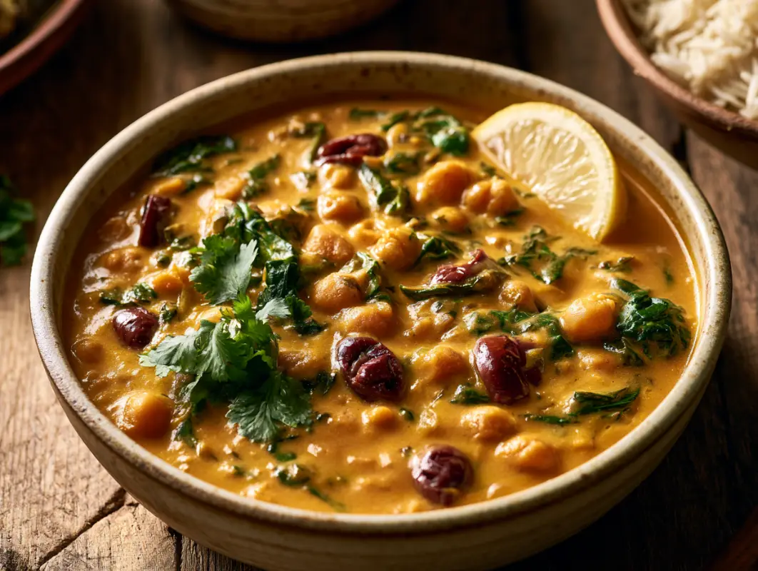 Bowl of chickpea curry with spinach, olives, fresh coriander and a lemon wedge