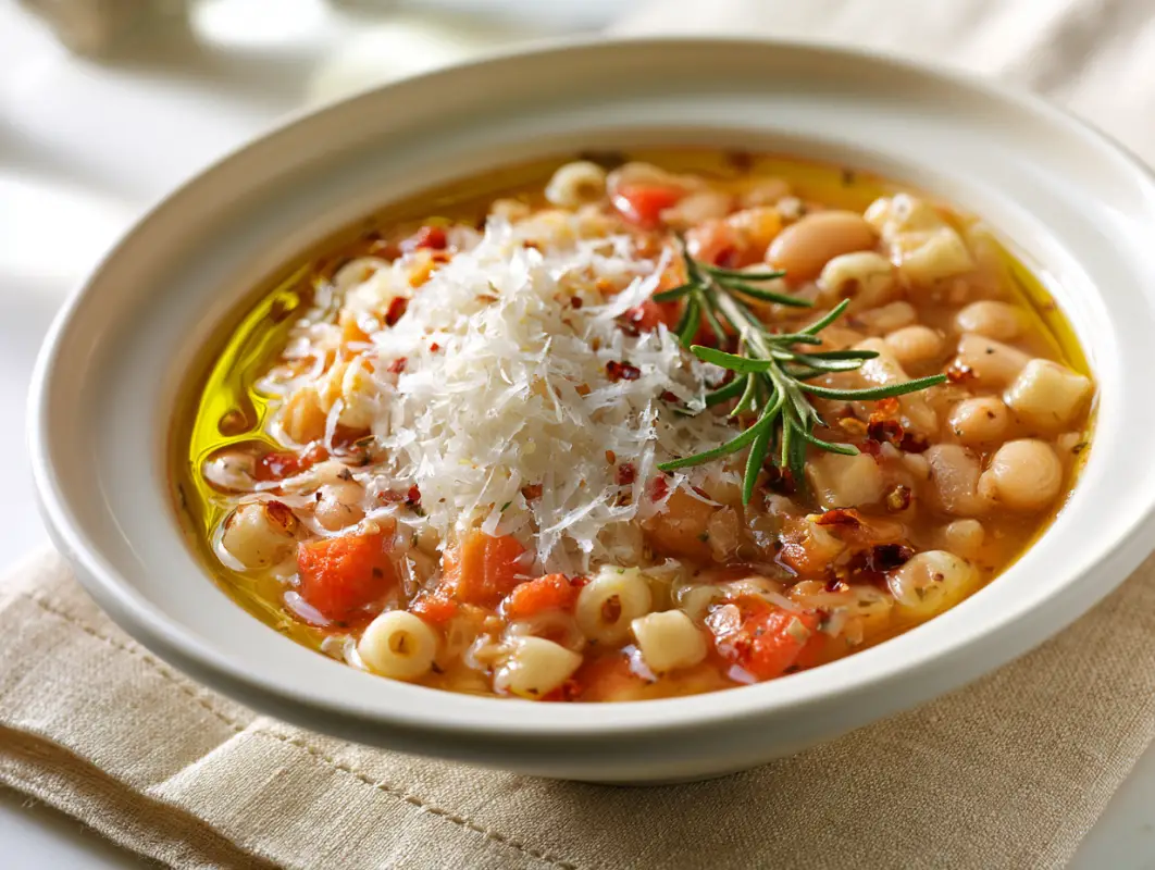 One-Pot Pasta e Fagioli (45 Minutes, Serves 6) 1 Bowl of pasta e fagioli with white beans, ditalini pasta, grated parmesan and rosemary