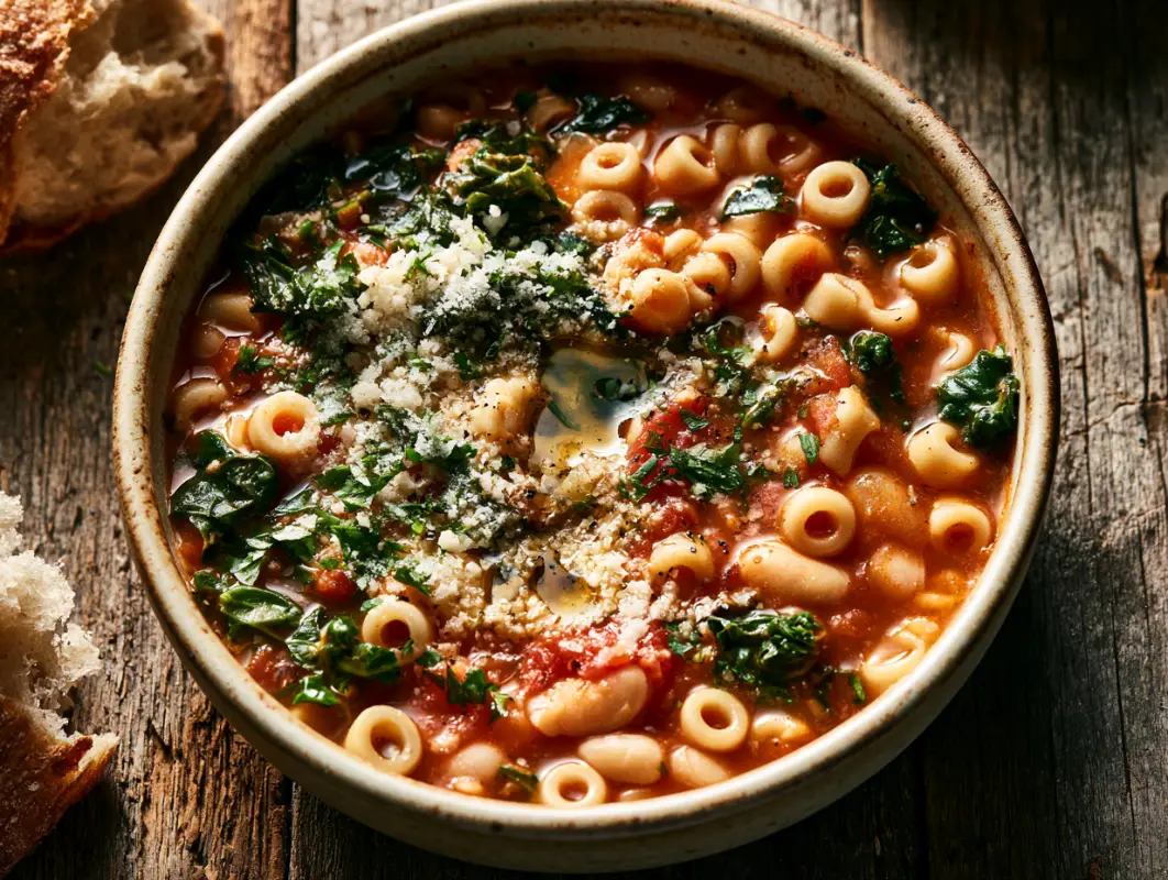 Rustic bowl of pasta e fagioli with white beans, kale, tomato broth and grated parmesan