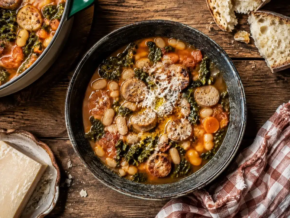 Tuscan white bean soup with chicken sausage, kale and tomato broth topped with parmesan