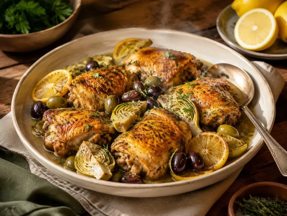 Slow cooker chicken thighs with artichoke hearts, lemon slices, olives and herb sauce