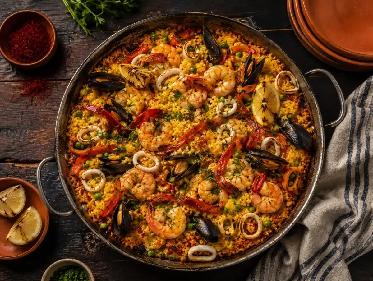 One-pot Spanish seafood rice with shrimp, mussels, calamari, peas and saffron rice