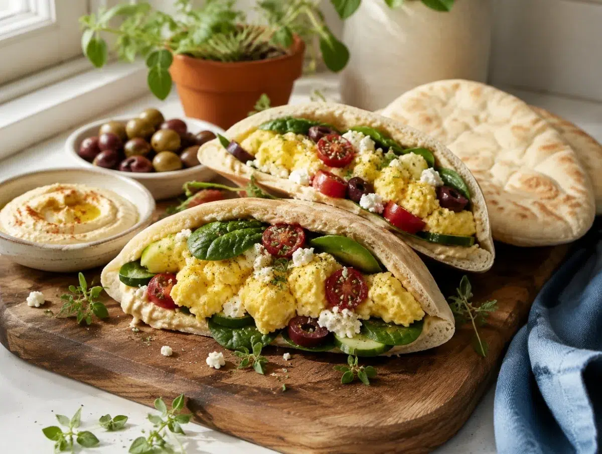 Mediterranean breakfast pita pockets stuffed with eggs, feta, tomatoes, cucumber and hummus
