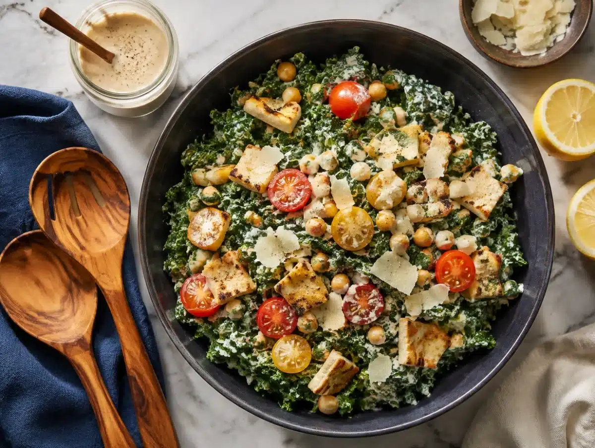 Mediterranean kale caesar salad with tahini caesar dressing, pita croutons and shaved parmesan