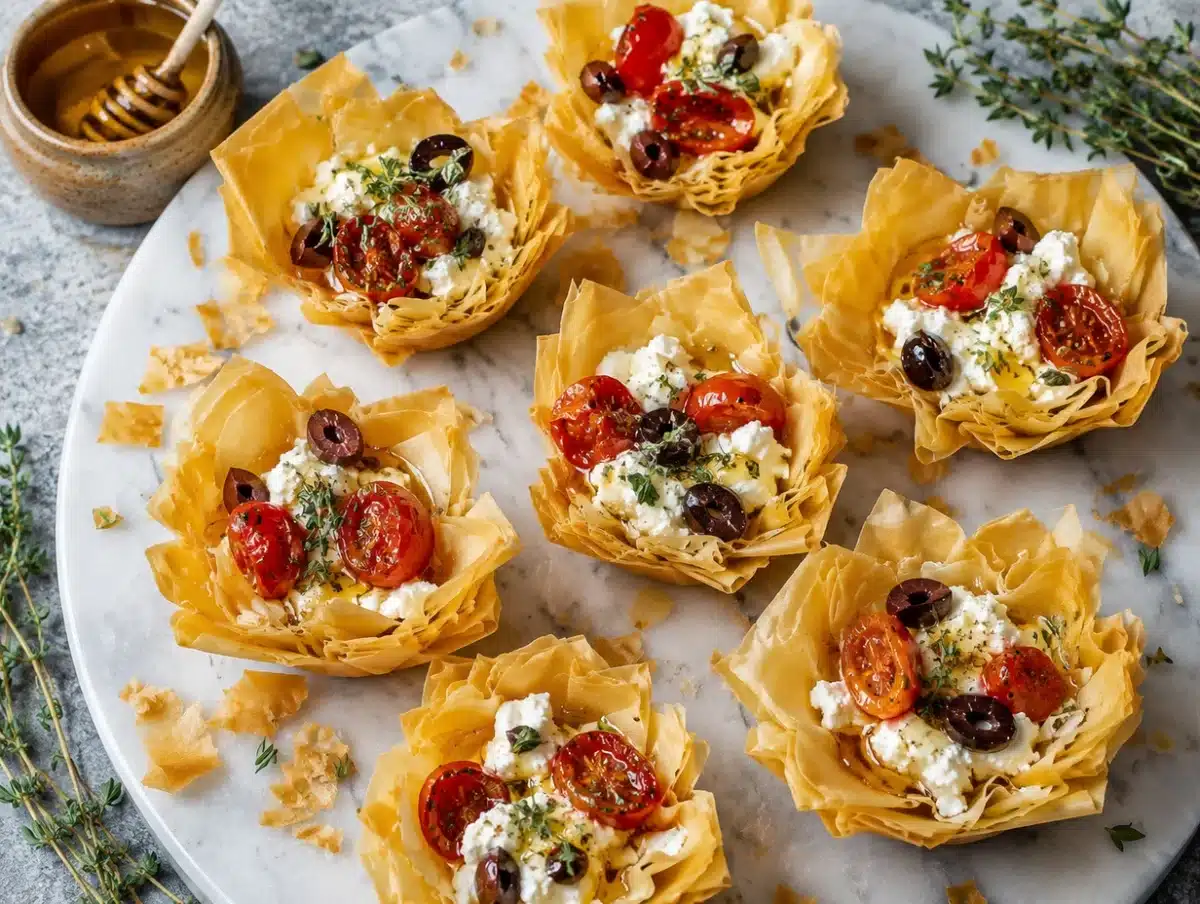 Crispy phyllo cups filled with whipped feta, cherry tomatoes, olives and honey drizzle