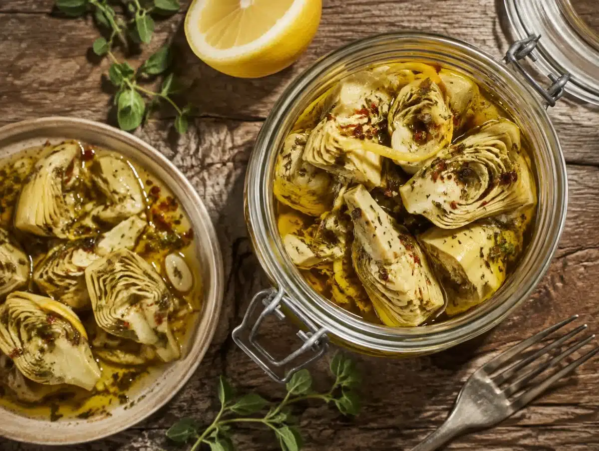 Marinated artichoke hearts in olive oil with lemon peel, garlic, chili flakes and oregano