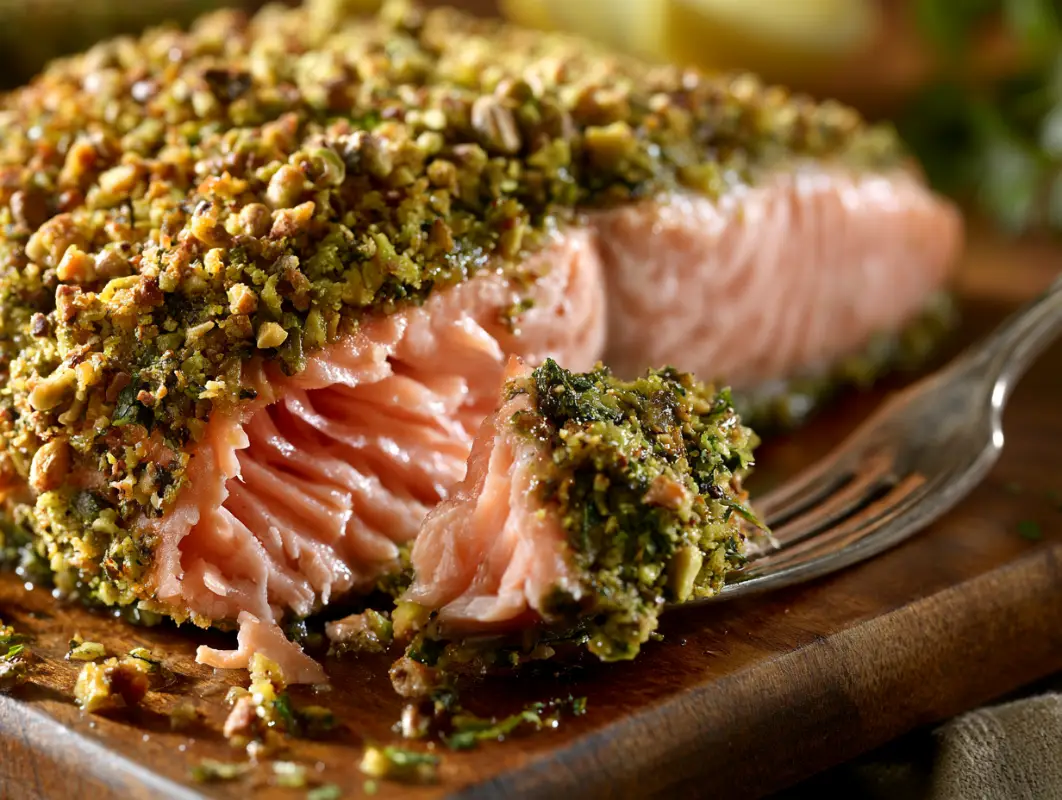 Pistachio-Crusted Salmon (25 Minutes, Serves 4) 1 Close-up of flaky pistachio crusted salmon showing the pink interior under a green pistachio crust