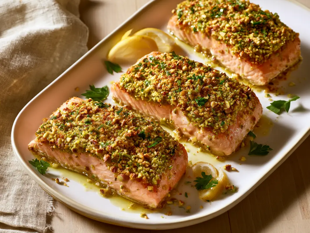 Three pistachio crusted salmon fillets in a white dish with lemon wedges and fresh parsley