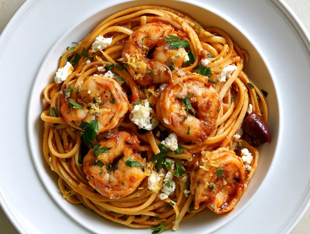 Mediterranean Shrimp Pasta with Lemon (25 Minutes) 1 Spaghetti with shrimp, crumbled feta, kalamata olives, chilli flakes and parsley