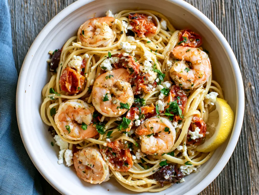 Bowl of lemon shrimp pasta with sun-dried tomatoes, feta, parsley and a lemon wedge