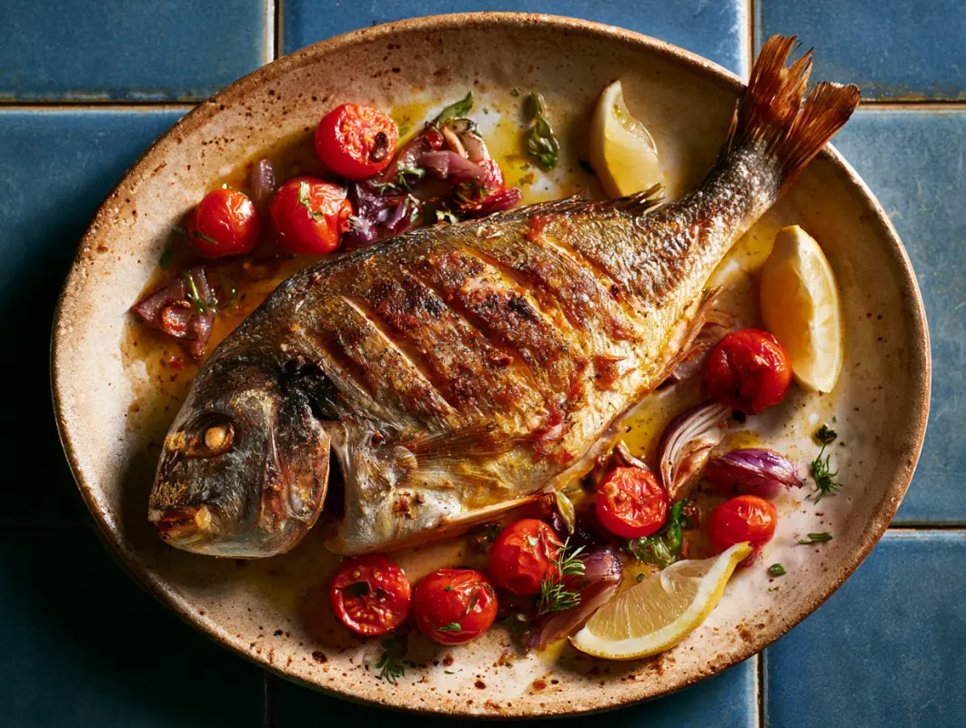 Whole roasted fish with cherry tomatoes, olives and lemon on a ceramic platter over blue tiles