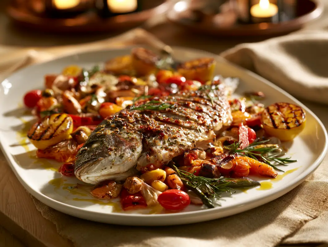 Whole roasted fish plated with charred peppers, cherry tomatoes, rosemary and olive oil