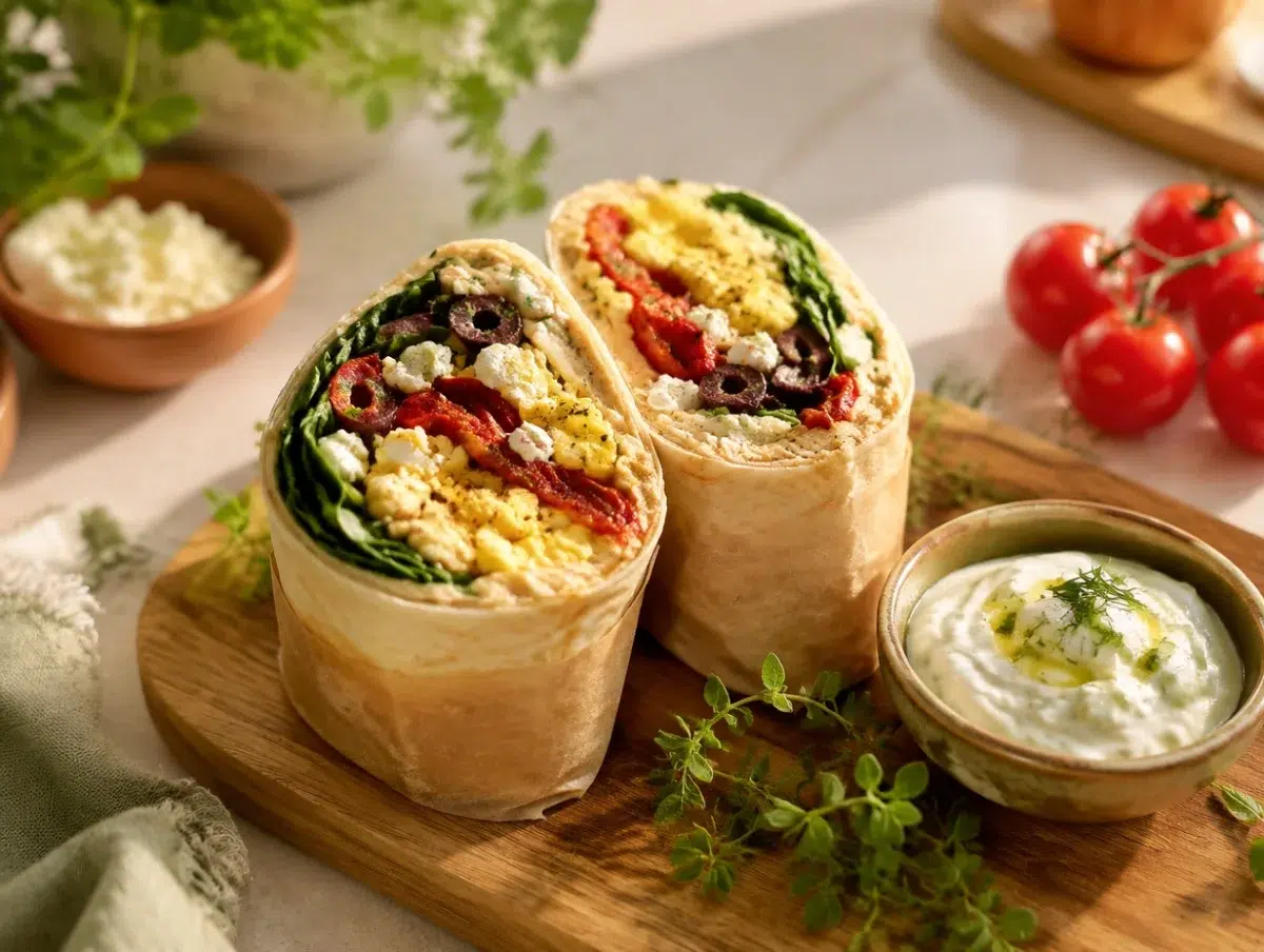 Mediterranean breakfast burrito cut in half showing eggs, feta, spinach and roasted peppers