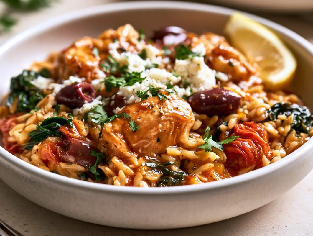 Bowl of chicken orzo with kalamata olives, feta, spinach, tomatoes and a lemon wedge