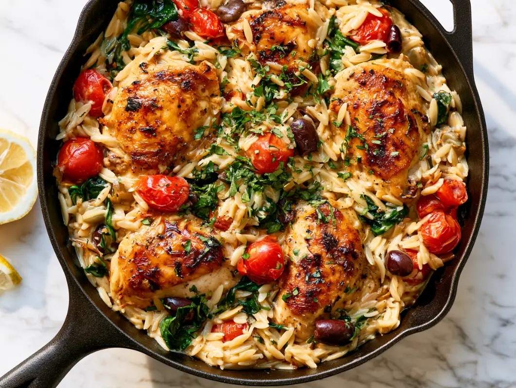 Cast-iron skillet of chicken orzo with seared chicken thighs, cherry tomatoes, spinach and olives