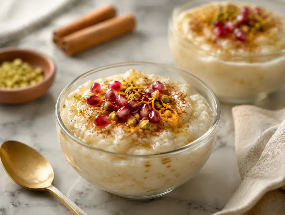 Mediterranean rice pudding topped with cinnamon, pistachios, honey and pomegranate seeds
