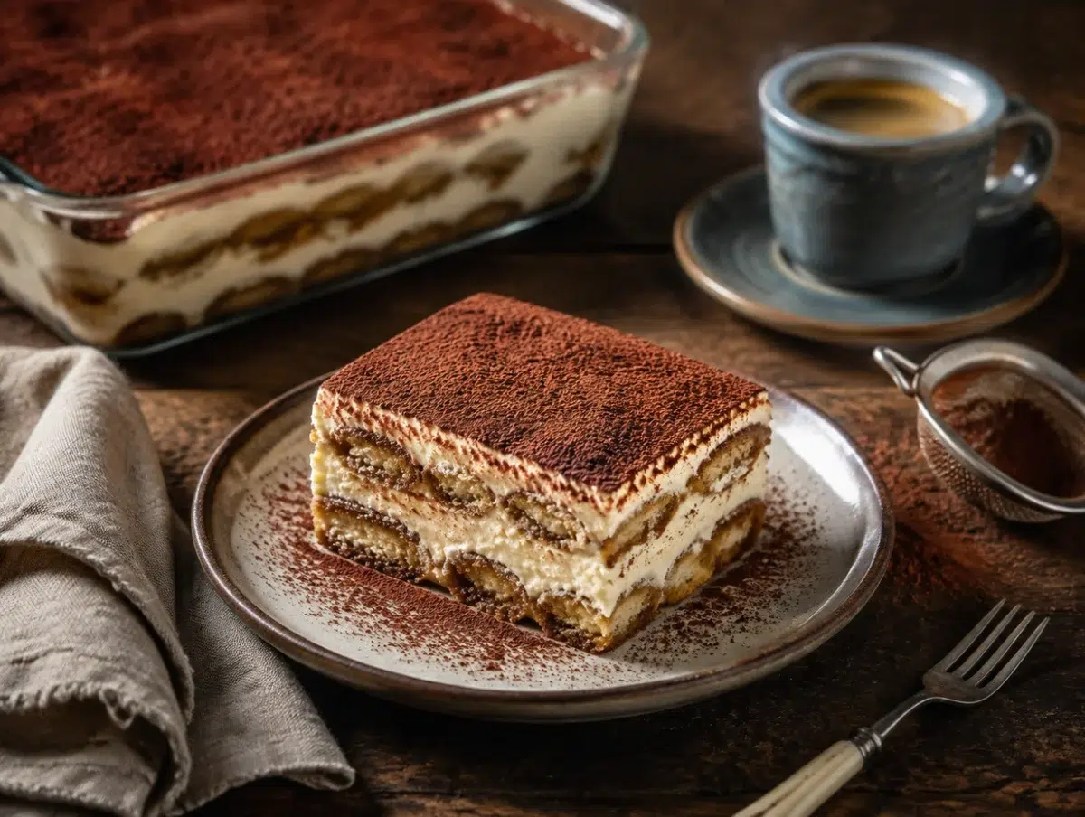 Classic tiramisu slice showing layers of coffee-soaked ladyfingers and mascarpone with cocoa dusting
