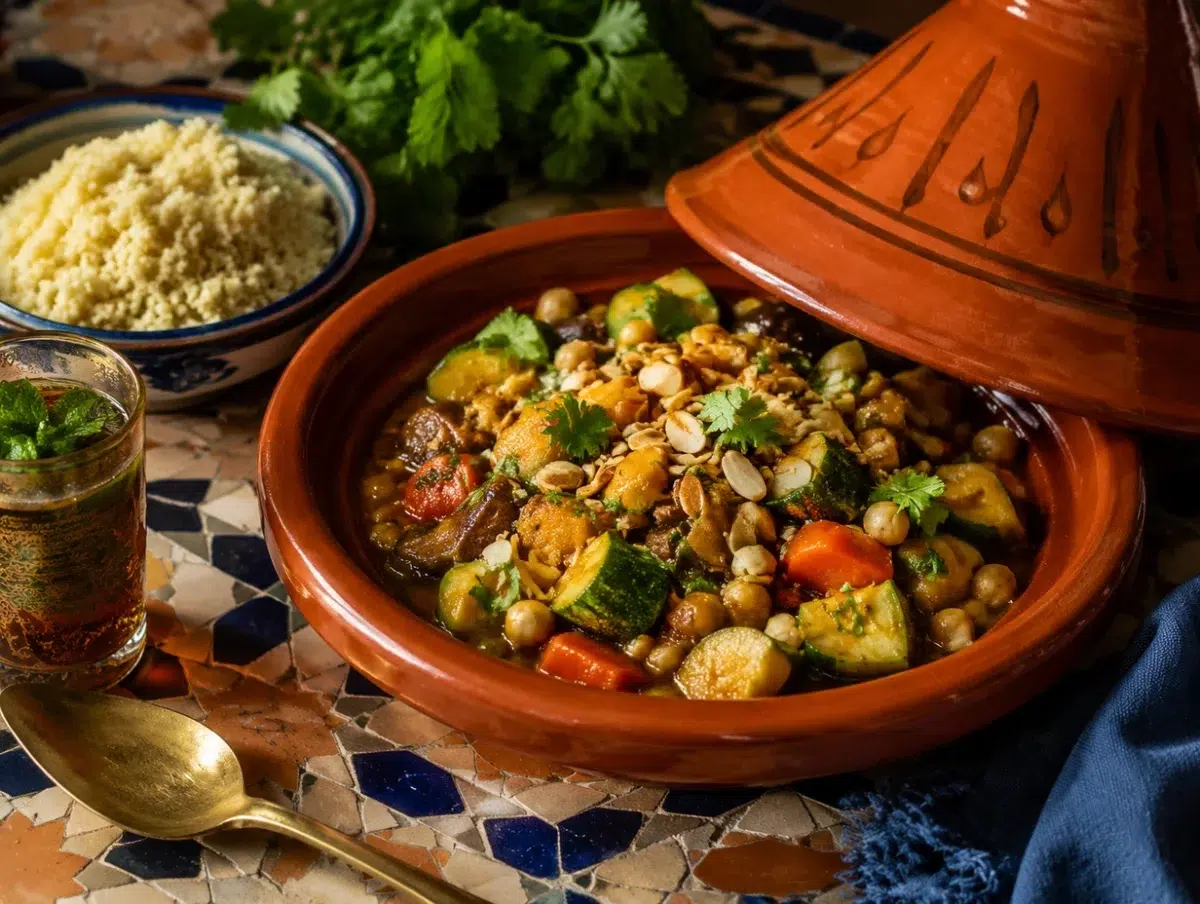 Mediterranean vegetable tagine in a clay pot with carrots, zucchini, chickpeas, apricots and cilantro