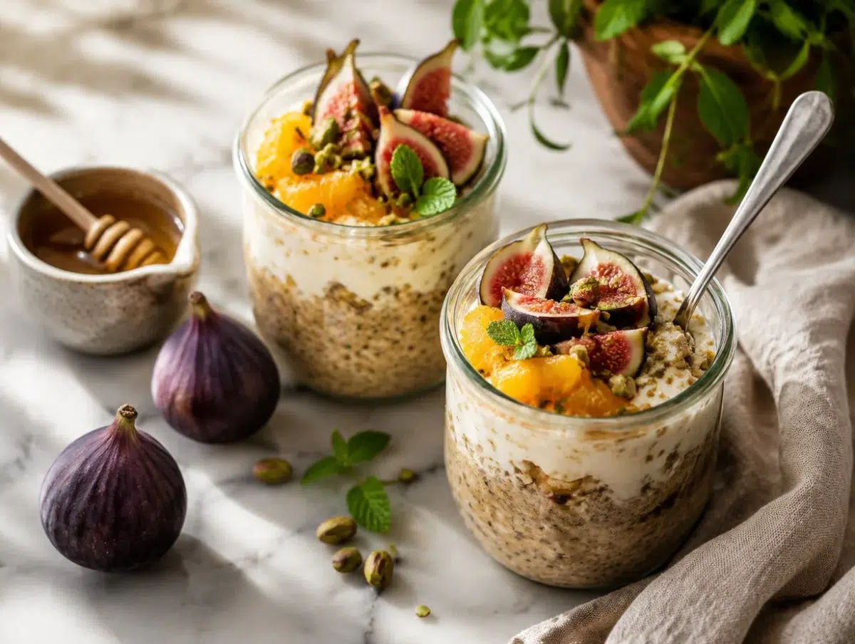 Mediterranean overnight oats in glass jars layered with yogurt, figs, honey and pistachios