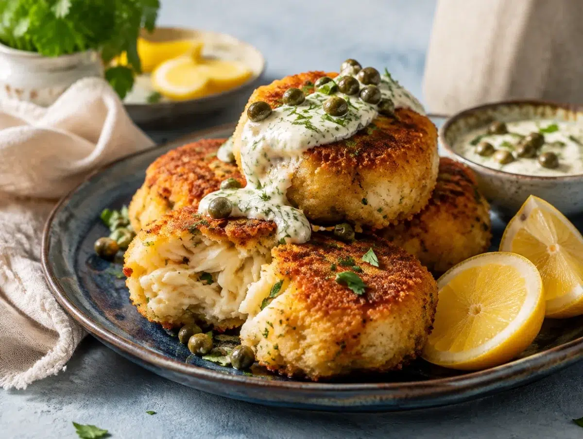 Mediterranean crab cakes with golden crust, lemon dill yogurt sauce, capers and parsley