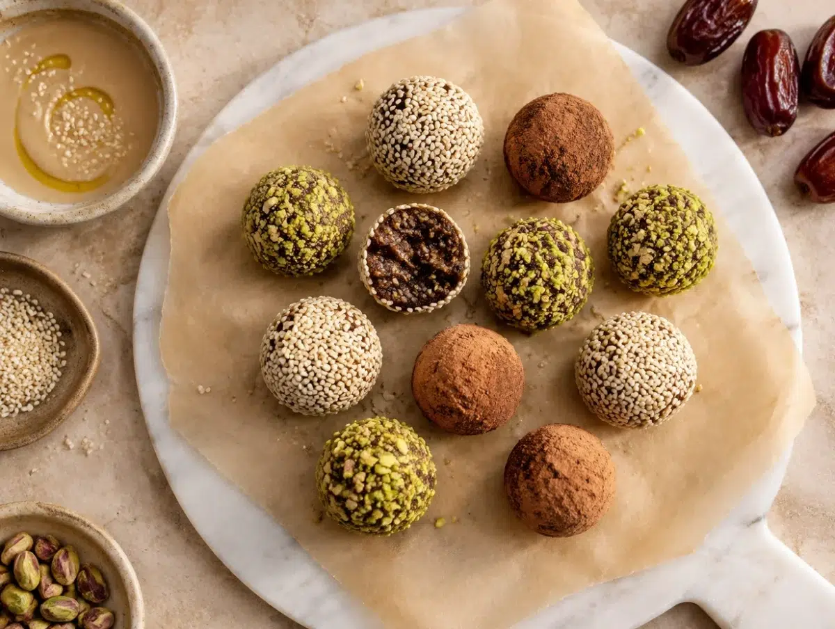 Tahini date energy balls rolled in sesame seeds, pistachios and cocoa on parchment