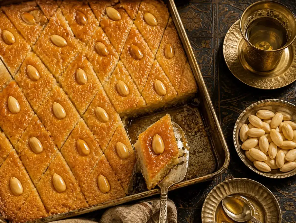 Semolina cake basbousa cut into diamonds with almonds on top and golden syrup soak