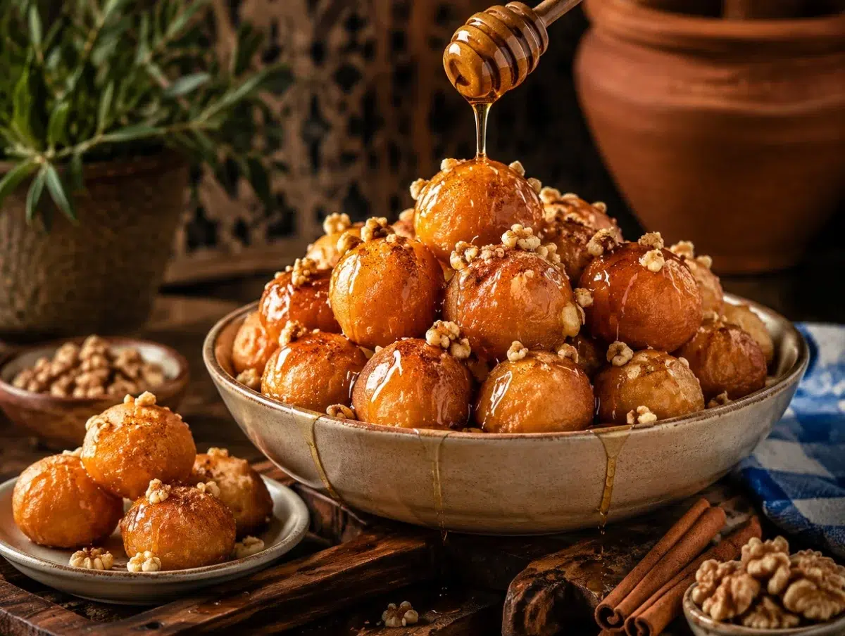 Greek loukoumades honey doughnut balls with cinnamon and crushed walnuts