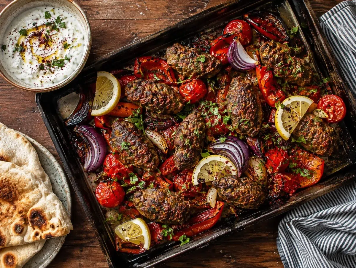 Sheet pan lamb kofta with charred spiced lamb, onions, peppers, sumac and yogurt sauce