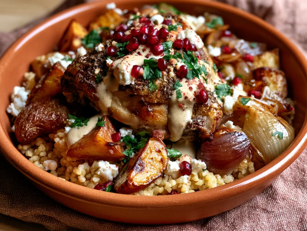 Sheet Pan Za'atar Chicken with Potatoes and Onions 1 Terracotta dish of za atar chicken with roasted potatoes, tahini, pomegranate seeds and parsley