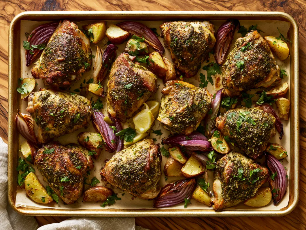 Sheet pan of za atar chicken thighs roasted with baby potatoes and red onion wedges
