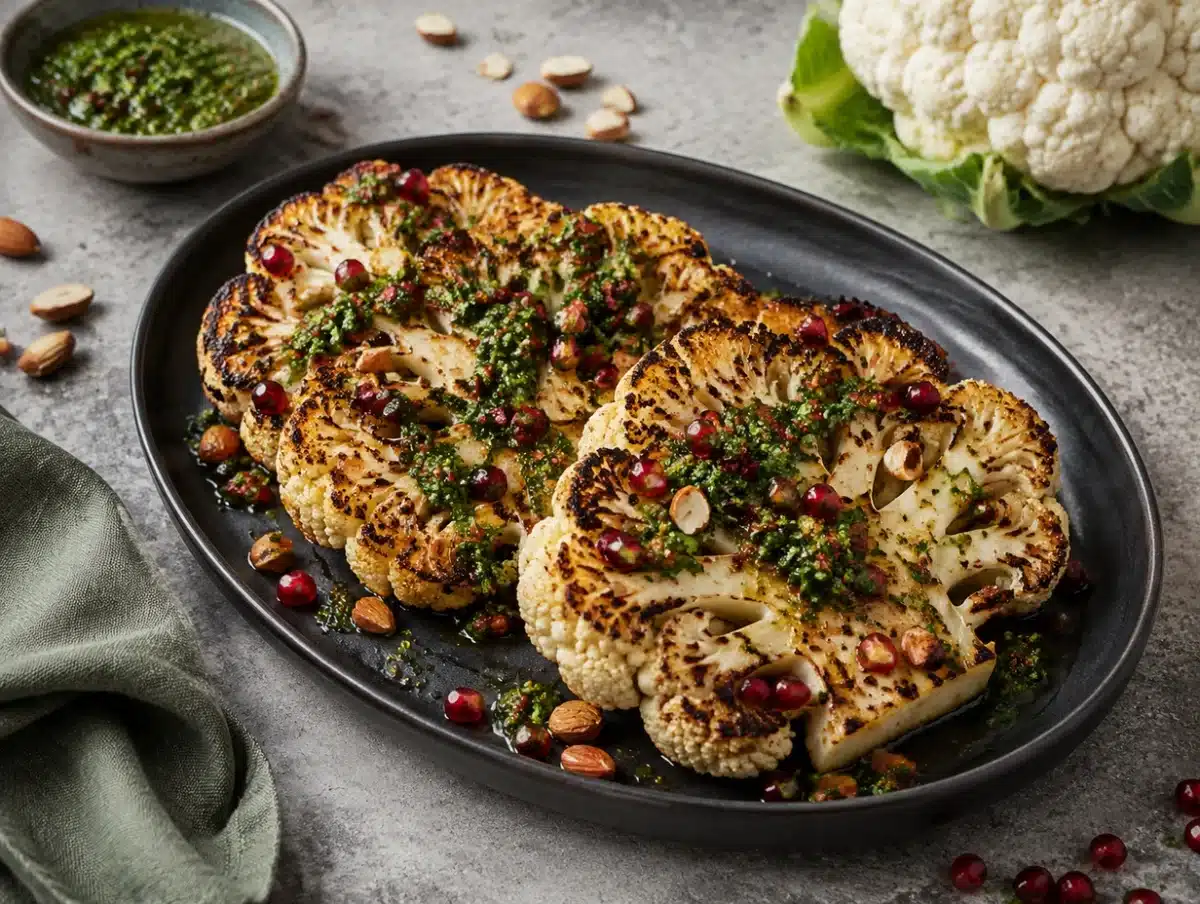 Roasted cauliflower steaks with caramelized edges topped with green chimichurri and pomegranate