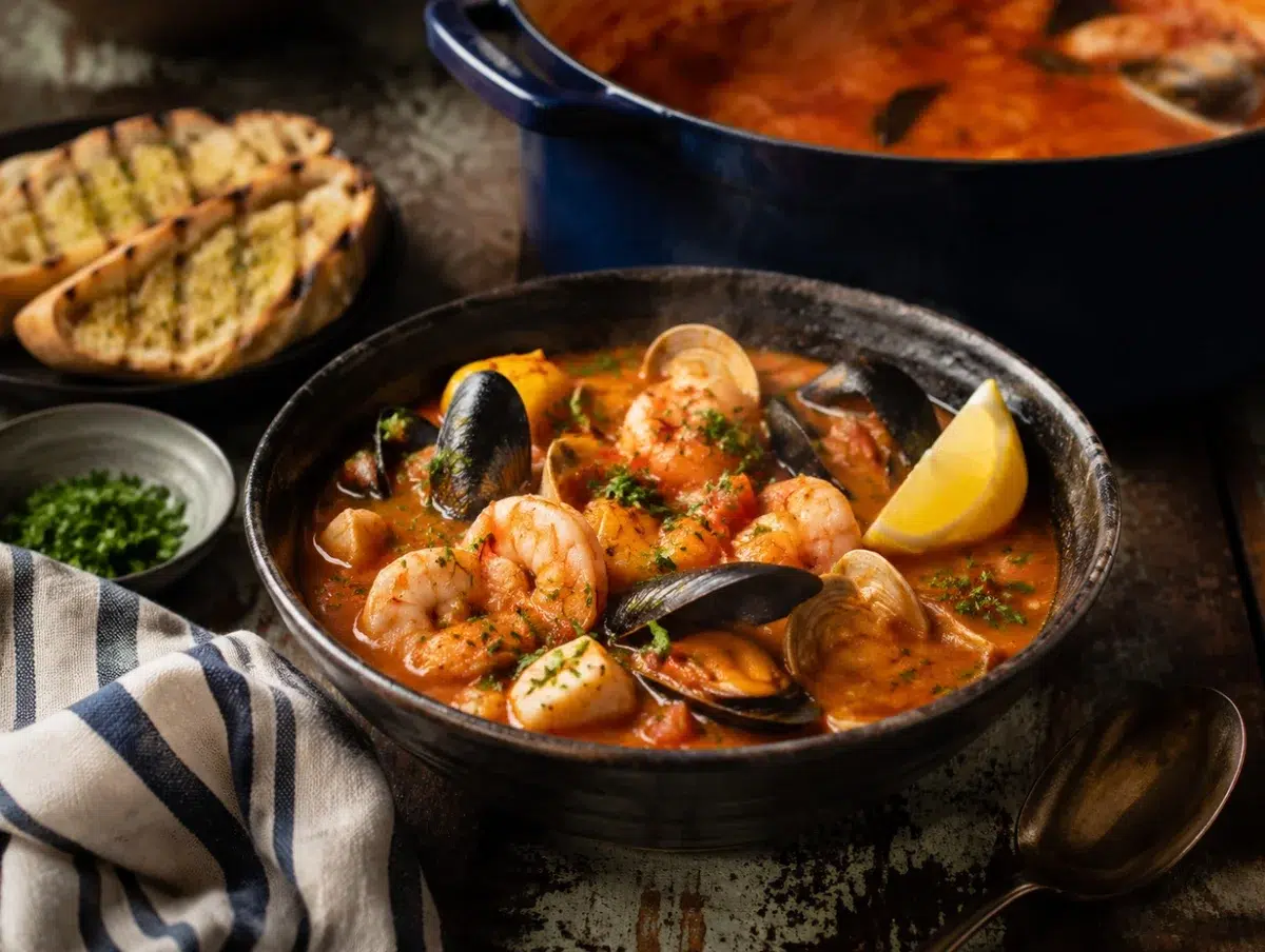 Mediterranean seafood stew cioppino with mussels, shrimp, clams and fish in tomato saffron broth
