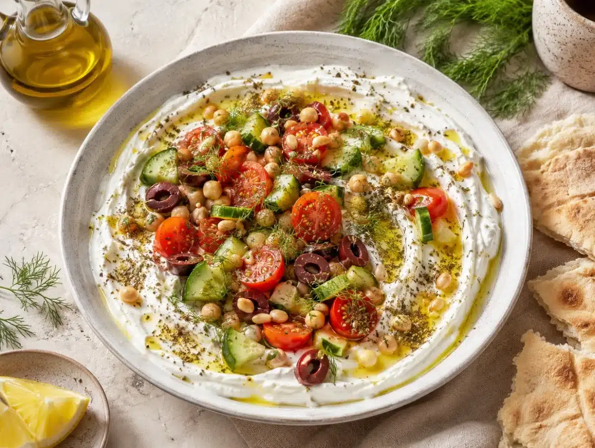 Savory Mediterranean yogurt bowl with cucumber, tomatoes, olives, chickpeas, za'atar and dill