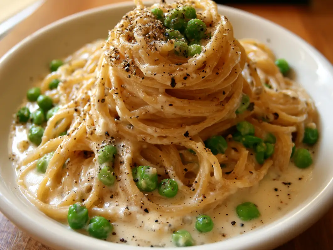 Cacio e Pepe with Spring Peas (20 Minutes) 1 Nest of cacio e pepe with spring peas, cracked black pepper and grated pecorino