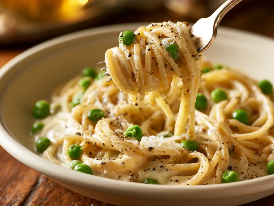 Fork lifting creamy cacio e pepe pasta with spring peas and black pepper from a bowl