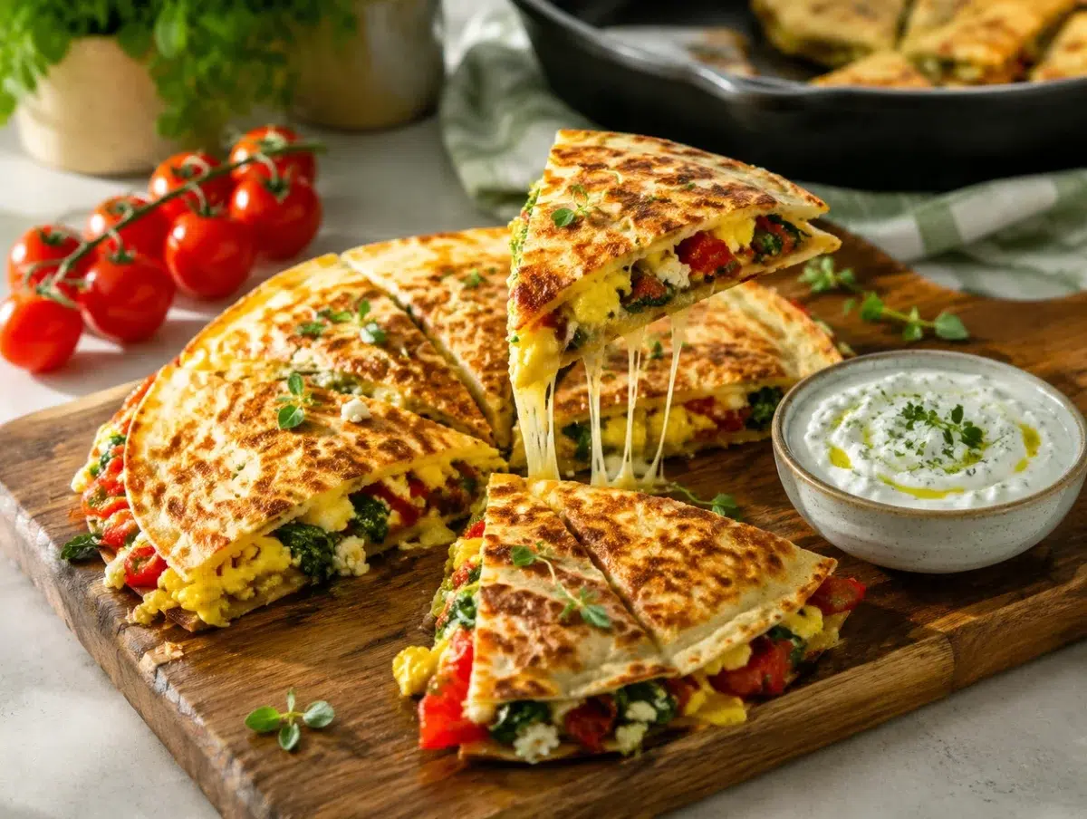 Mediterranean breakfast quesadilla wedges with melted cheese, egg, spinach, feta and peppers