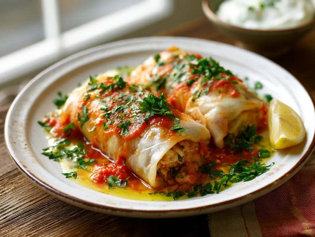 Mediterranean Stuffed Cabbage Rolls (Makes 30) 1 Two stuffed cabbage rolls in tomato sauce on a white plate with parsley and a lemon wedge
