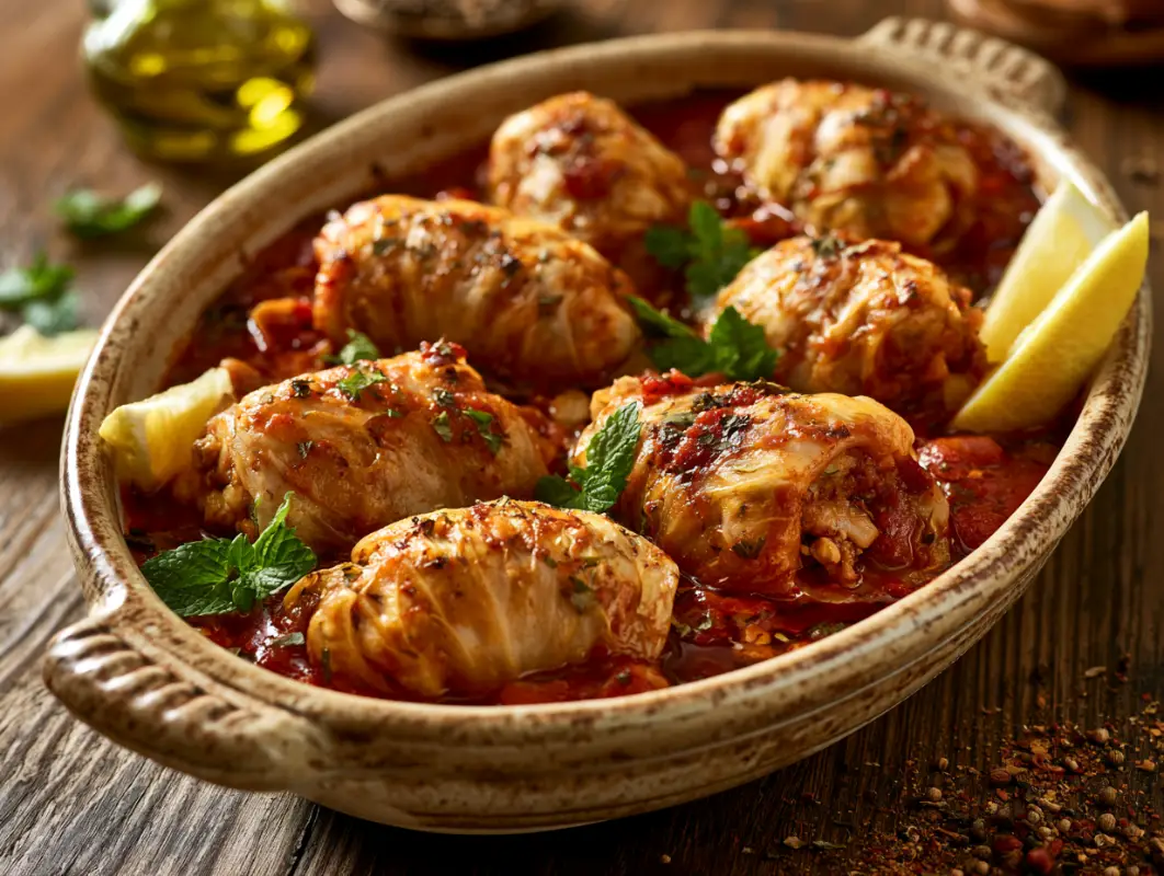 Earthenware dish of stuffed cabbage rolls in tomato sauce with fresh mint and a lemon wedge