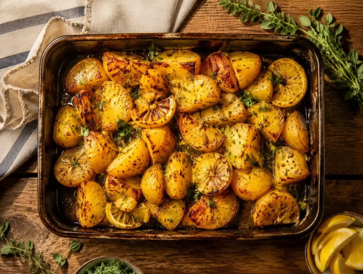 Greek roasted potatoes with crisp golden edges, oregano, lemon and olive oil in a roasting pan