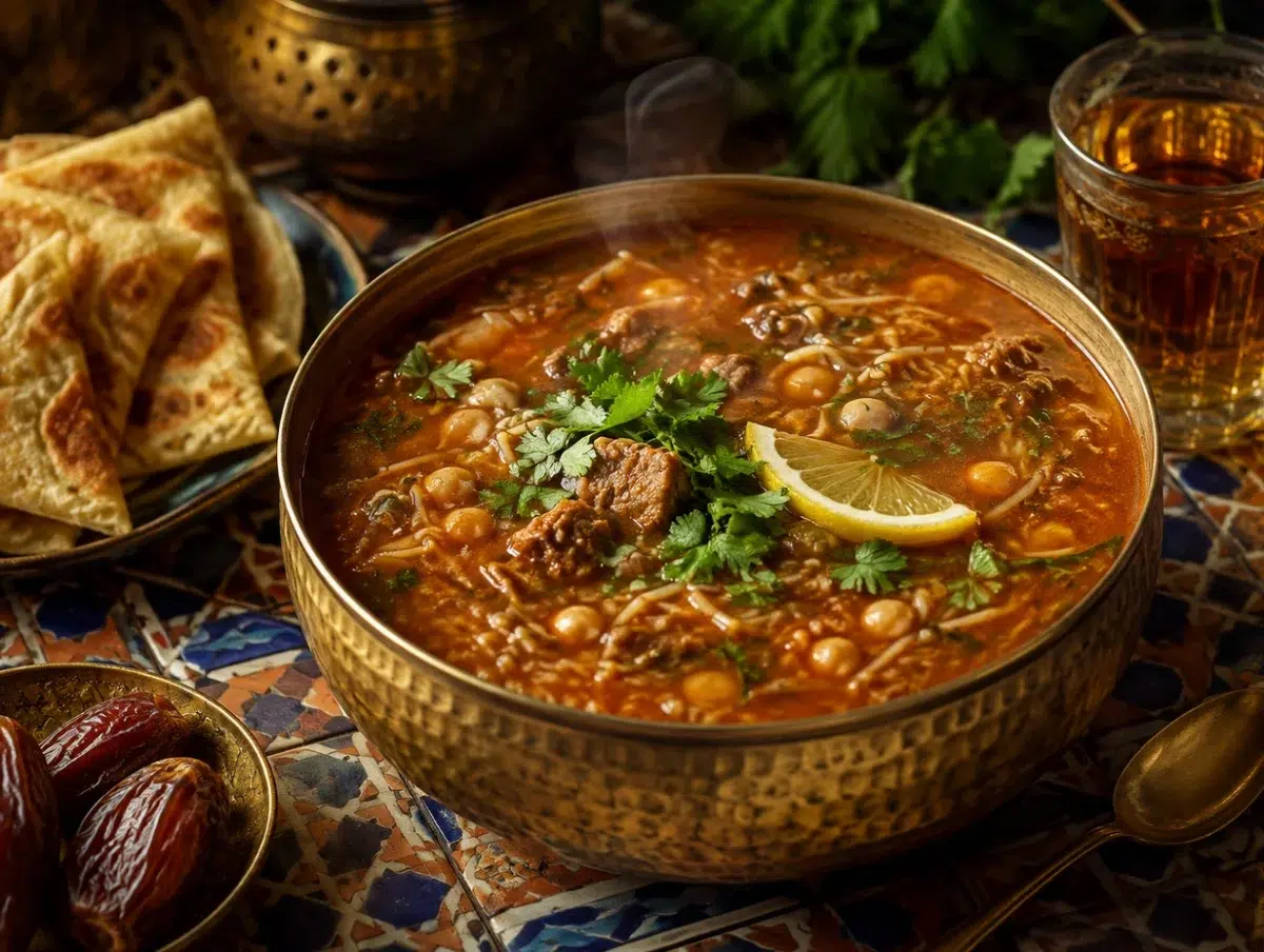 Moroccan harira soup with chickpeas, lentils, beef and tomato broth garnished with cilantro